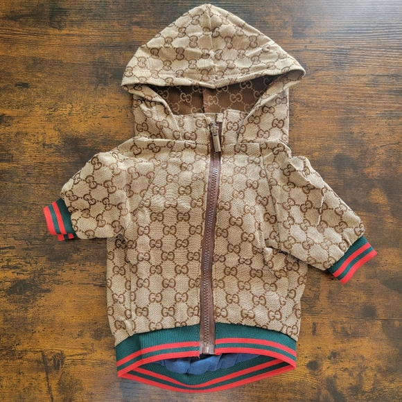 Stylish Brown Monogram dog jacket hoodie - Picture 3 of 8